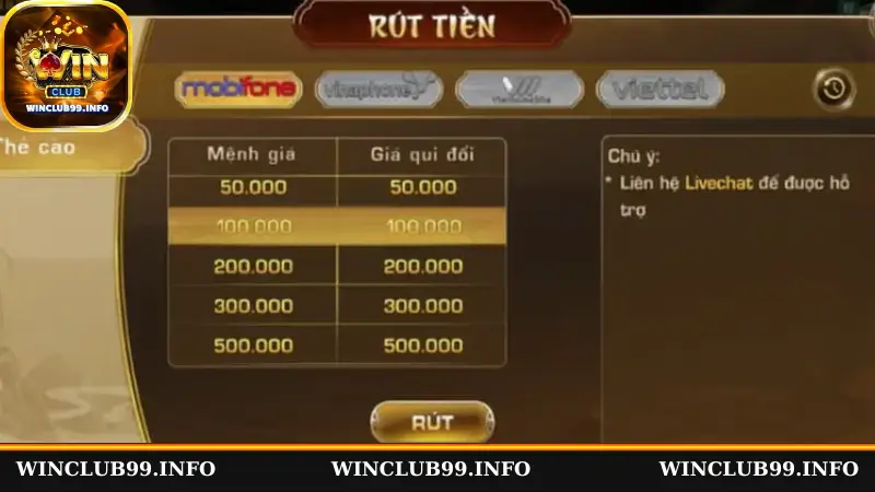 Hướng dẫn cách rút tiền Winclub bằng thẻ cào